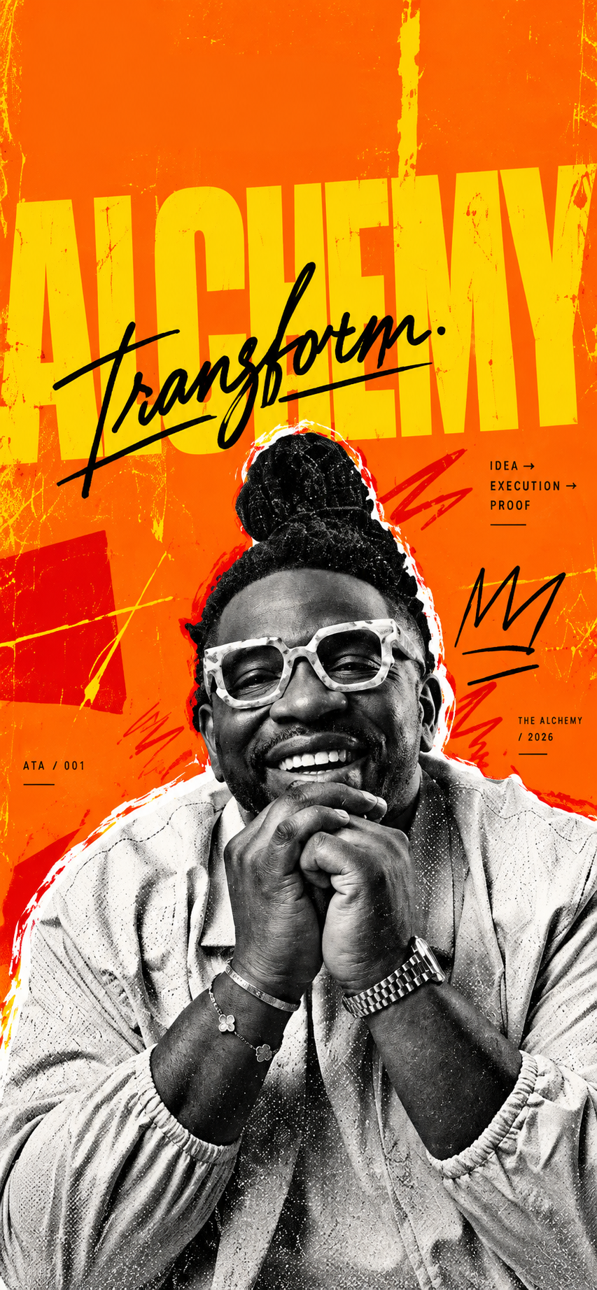 Ameer Natson in an orange, black and gold editorial Ameer the Alchemist campaign artwork.